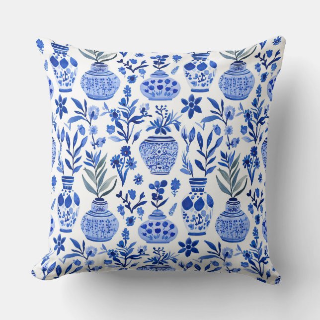 Blue White Green Chinoiserie Vase Pattern Throw Pillow (Front)