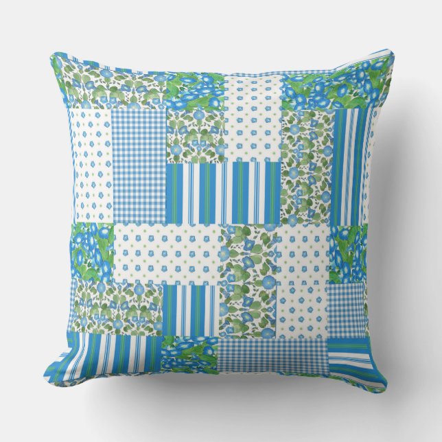 Blue, White, Green Morning Glory Faux Patchwork Throw Pillow (Front)