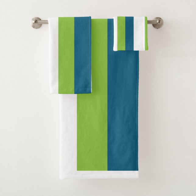 Blue White Green Vertical Stripes  Bath Towel Set (Insitu)
