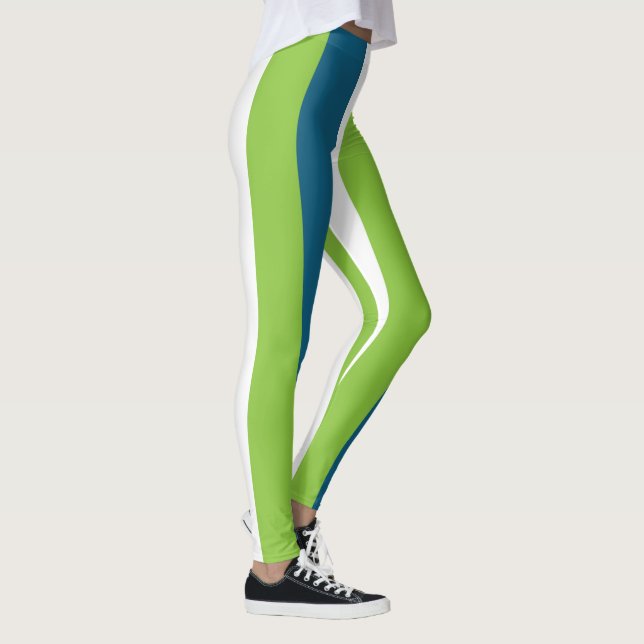 Blue White Green Vertical Stripes Leggings (Right)