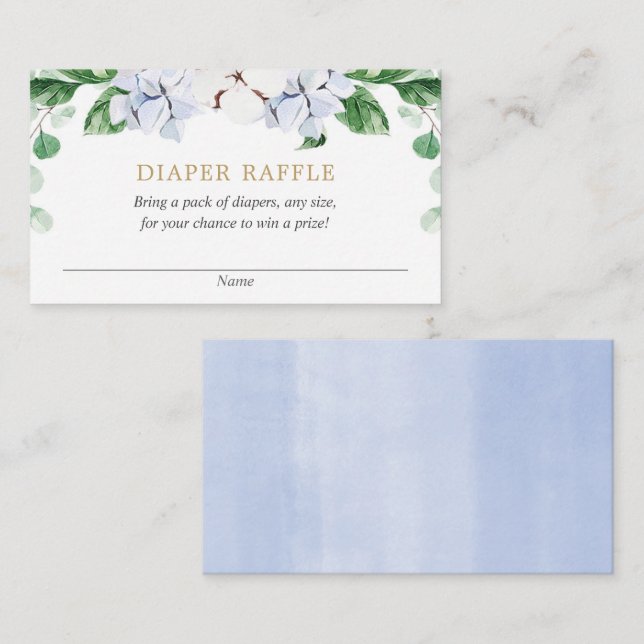 Blue white greenery gold baby shower diaper raffle enclosure card (Front/Back)