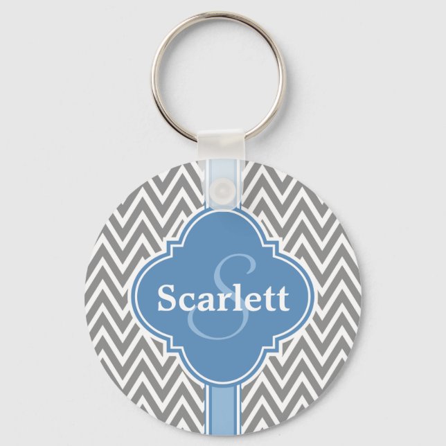Blue White Grey Chevron Pattern and Monogram Keychain (Front)