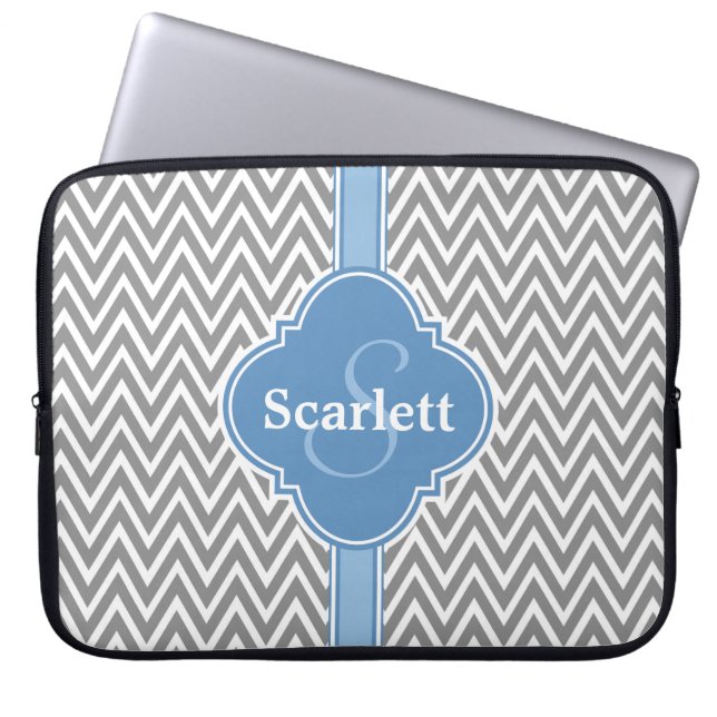 Blue White Grey Chevron Pattern and Monogram Laptop Sleeve (Front)