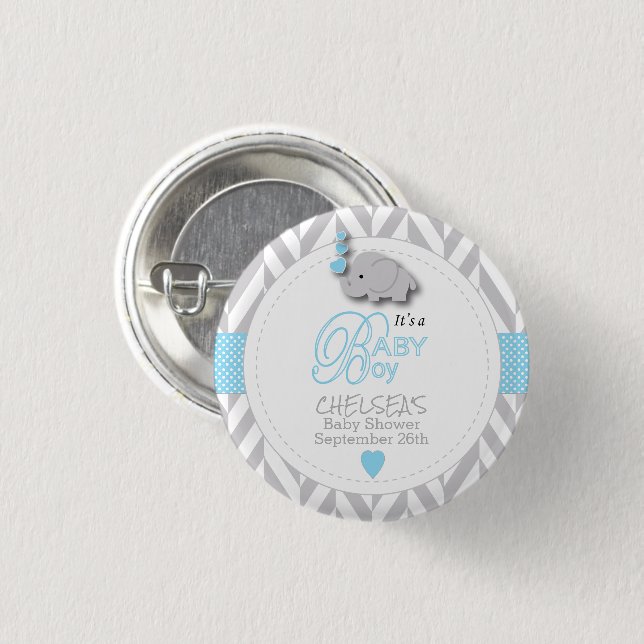 Blue, White Grey Elephant Baby Shower 1 Inch Round Button (Front & Back)