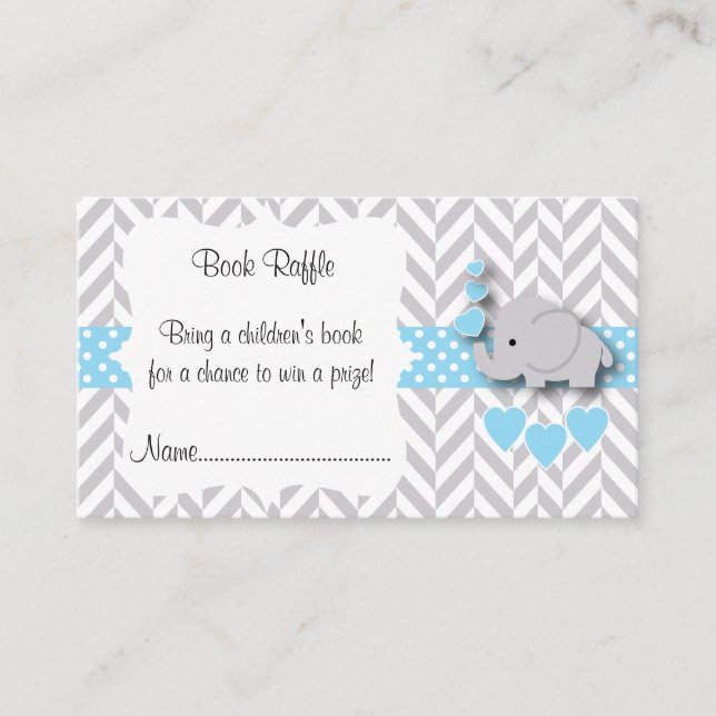 Blue, White Grey Elephant Baby Shower Book Raffle Enclosure Card (Front)