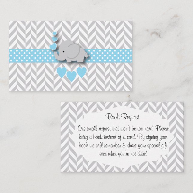 Blue White Grey Elephant Baby Shower Book Request Enclosure Card (Front/Back)