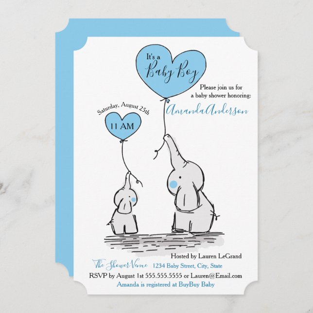 Blue, White Grey Elephant Baby Shower Invitation (Front/Back)