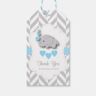Blue, White Grey Elephant Baby Shower Thank You Gift Tags