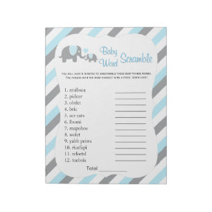 Blue, White & Grey Elephant Baby Shower Word Game Notepad