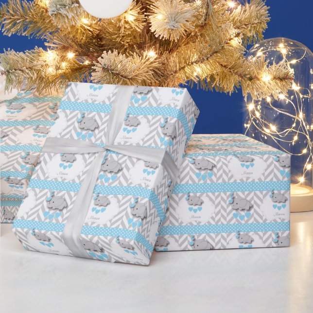 Blue, White Grey Elephant 👶 Baby Shower Wrapping Paper (Holidays)
