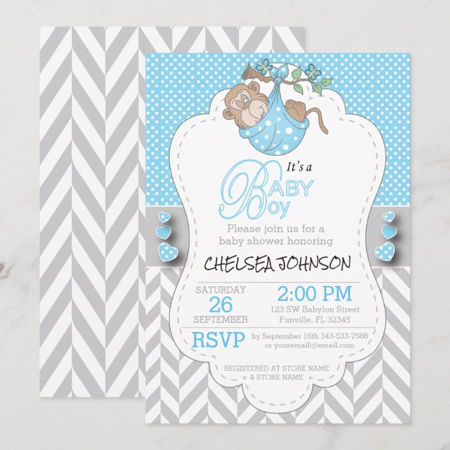 Blue, White Grey Monkey Baby Shower Invitations (Front/Back)