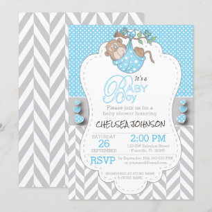 Blue, White Grey Monkey Baby Shower Invitations