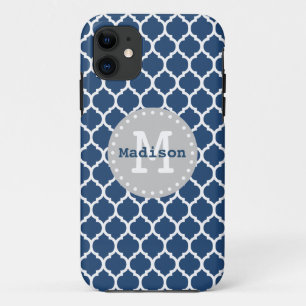 Blue White Grey Moroccan Lattice Monogram iPhone 11 Case