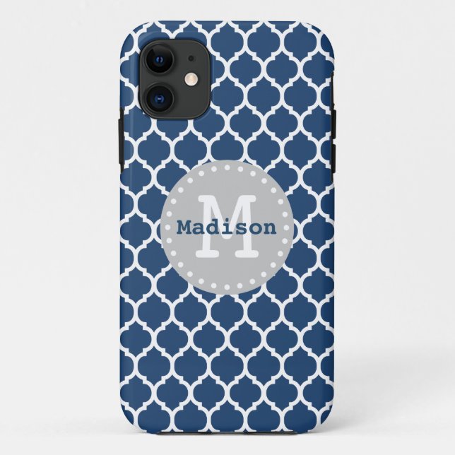 Blue White Grey Moroccan Lattice Monogram Case-Mate iPhone Case (Back)