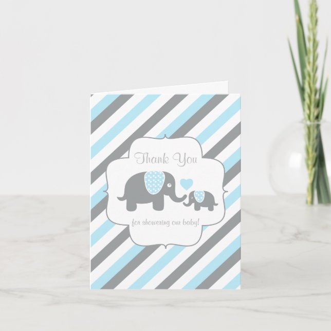 Blue, White Grey Stripe Elephant  Thank You Card (Front)