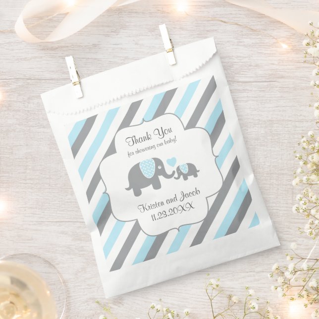 Blue, White Grey Stripe Elephant Thank You  Favour Bag (Clipped)