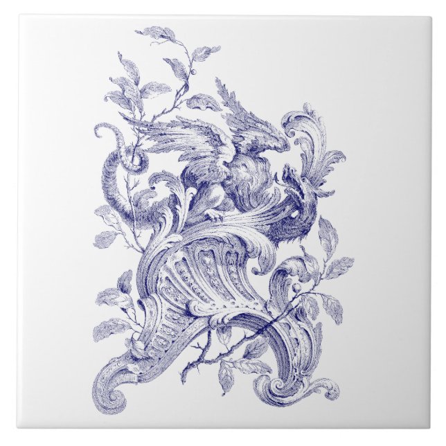 Blue & White Griffin On Rocaille Baroque Rococo Tile (Front)