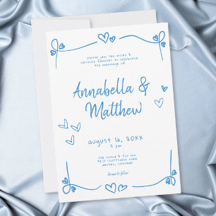 Blue White Hand Drawn Heart Whimsical Wedding Invitation