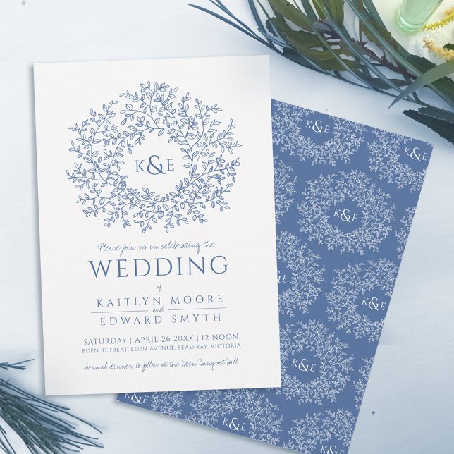 Blue white hand drawn leaf monogram art wedding invitation (Creator Uploaded)