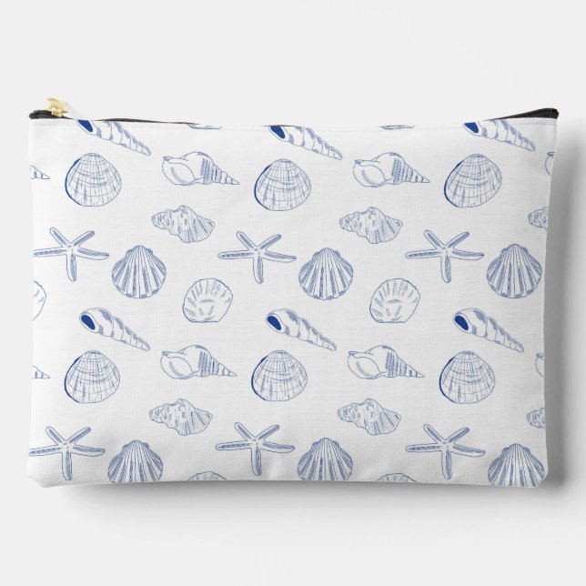 Blue White Hand Drawn Sea Shells Beach Summer  Accessory Pouch (Front)