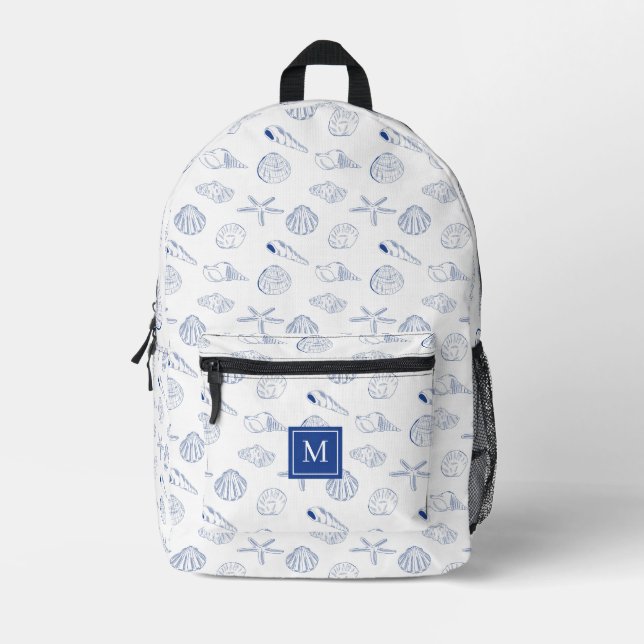 Blue White Hand Drawn Sea Shells Beach Summer  Printed Backpack (Front)