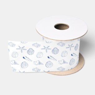 Blue White Hand Drawn Sea Shells Beach Summer  Satin Ribbon