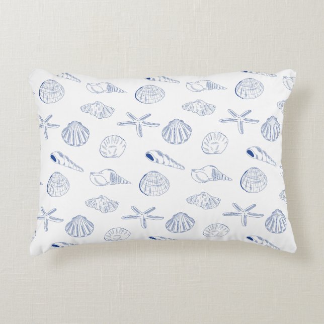 Blue White Hand Drawn Seashells Beach Summer  Accent Pillow (Front)