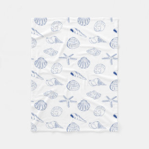 Blue White Hand Drawn Seashells Beach Summer  Fleece Blanket