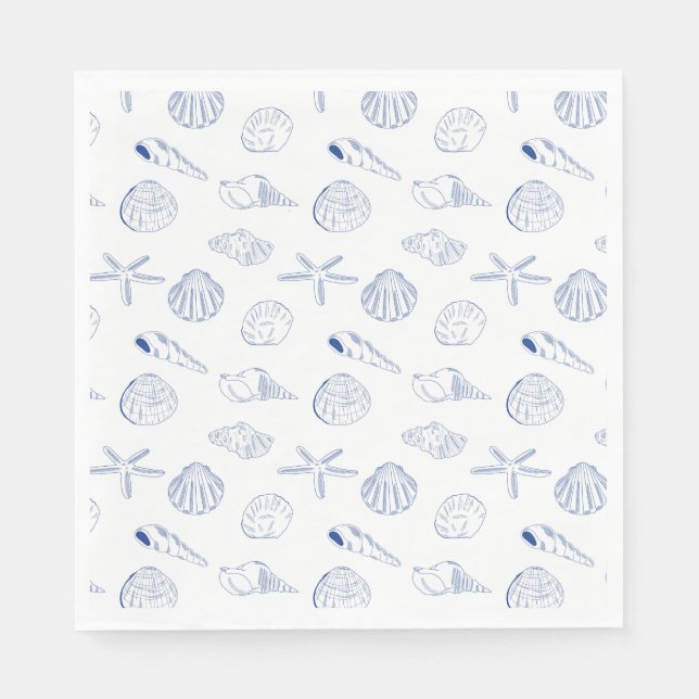 Blue White Hand Drawn Seashells Beach Summer  Napkin (Front)