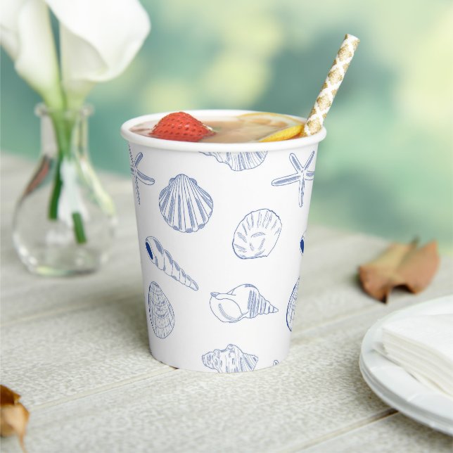 Blue White Hand Drawn Seashells Beach Summer  Paper Cups (Insitu)