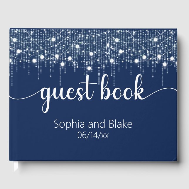 Blue & White Hanging Lights Wedding Guest Book (Front)