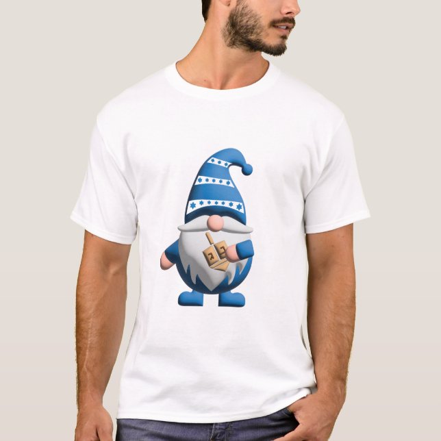 Blue White Hanukkah Gnome holding Dreidel T-Shirt (Front)