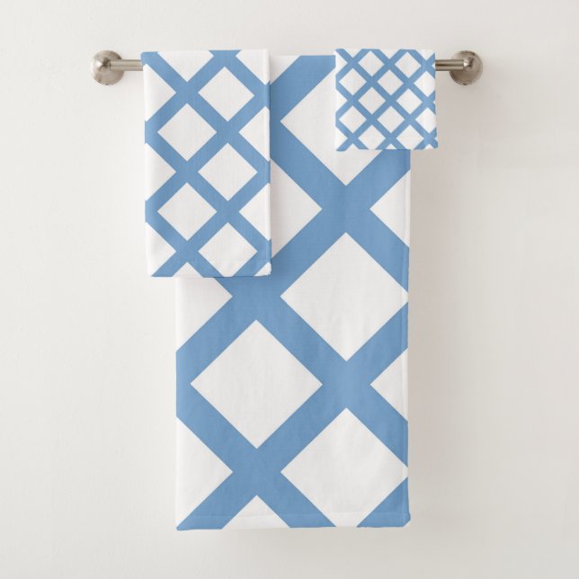 Blue White Harlequin Diamond Stripe Pattern Bath Towel Set (Insitu)