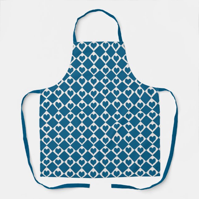 Blue White Heart Chequered Pattern Apron (Front)