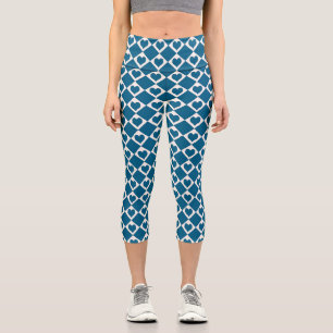 Blue White Heart Chequered Pattern Capri Leggings