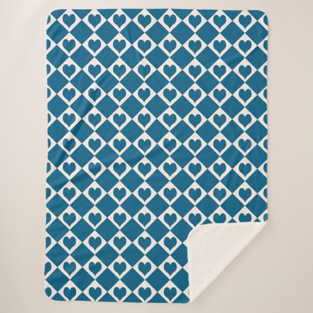 Blue White Heart Chequered Pattern Sherpa Blanket (Front)