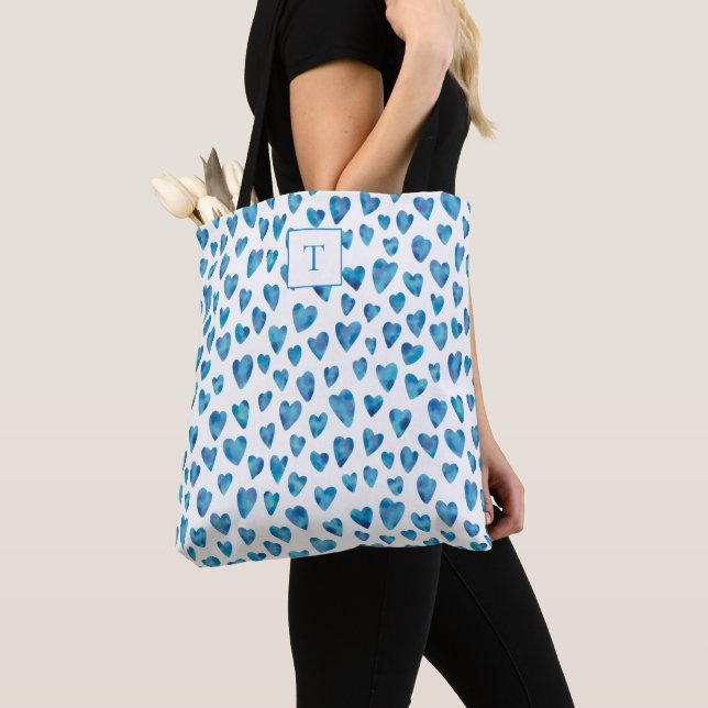 Blue & White Heart Monogrammed Pattern Tote Bag (Close Up)