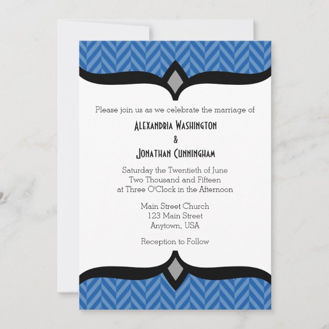 Blue White Herringbone Wedding Invitation (Front)