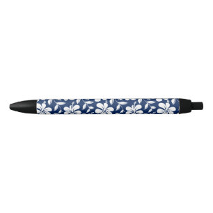 Blue & white hibiscus black ink pen