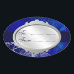 Blue White Holiday Custom Gift Tag Stickers<br><div class="desc">This custom gift tag has script letters on a silver medallion against winter holiday art with an elegant pattern of pine boughs and pinecones in blue and white on an icy background of blues and violet.</div>