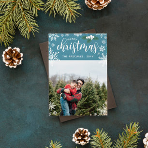 Blue White Holly Snowflakes Merry Christmas Photo Holiday Card