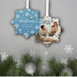 Blue White Holly Snowflakes Merry Christmas Photo Ornament Card<br><div class="desc">Beautiful snowflake shaped Merry Christmas card and ornament in one printed with your photo,  pretty white snowflakes,  white holly berries with green leaves,  and your name and the year.</div>