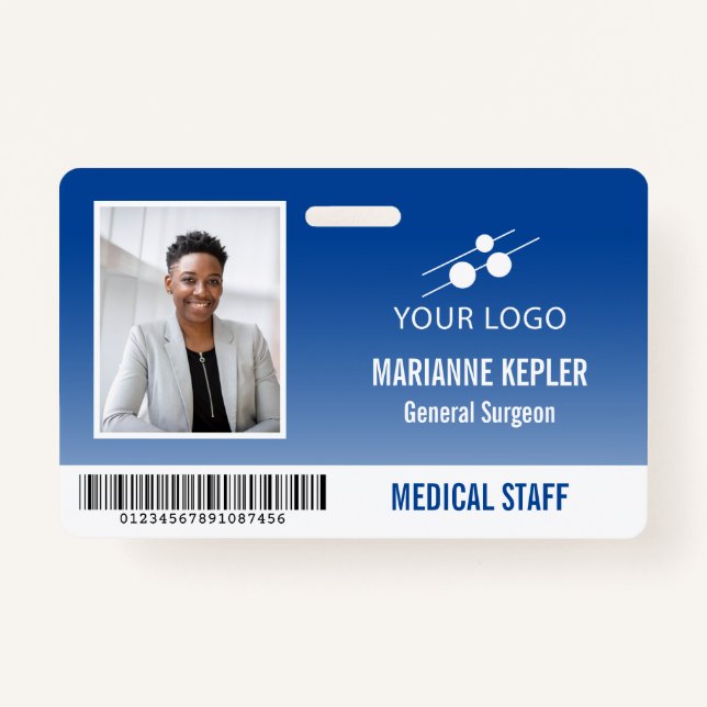 Blue White Hospital Employee ID Add Your Logo Badge (Front)