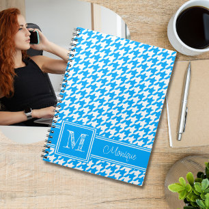Blue White Houndstooth Modern Monogram Notebook