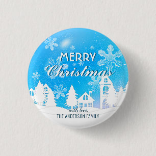 Blue White House Snowflakes Xmas Happy New Year  1 Inch Round Button