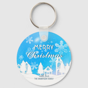 Blue White House Snowflakes Xmas Happy New Year Keychain
