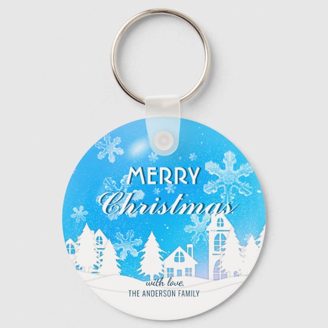 Blue White House Snowflakes Xmas Happy New Year Keychain (Front)