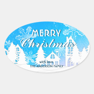Blue White House Snowflakes Xmas Happy New Year Oval Sticker