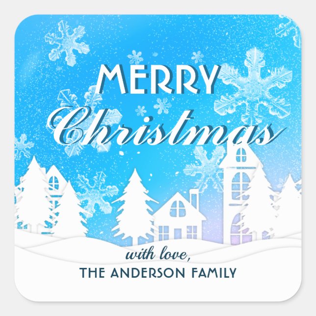 Blue White House Snowflakes Xmas Happy New Year  Square Sticker (Front)