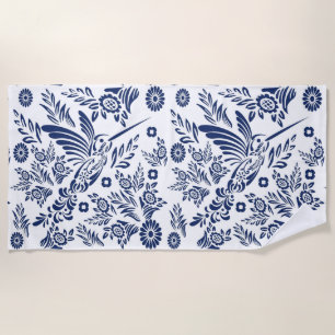 Blue & White Hummingbird Mexican Floral Talavera  Beach Towel